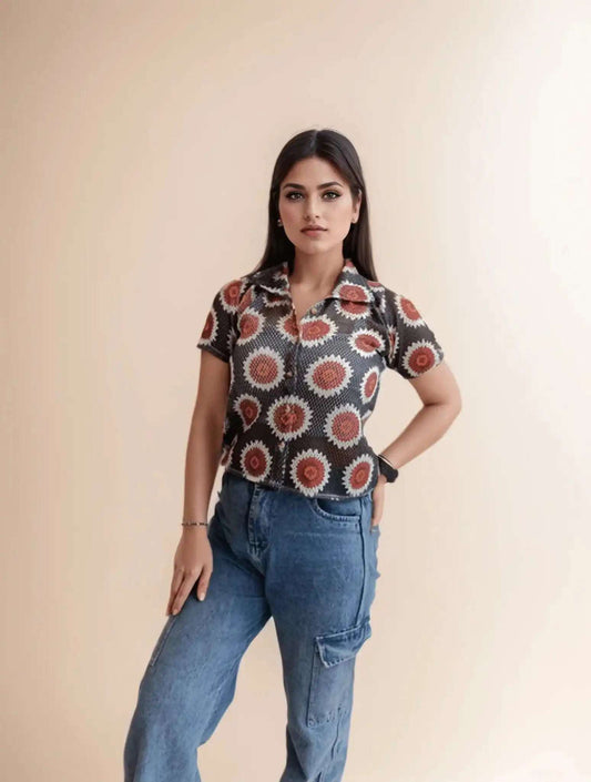 Grey&Red Crochet Shirt - VIBE