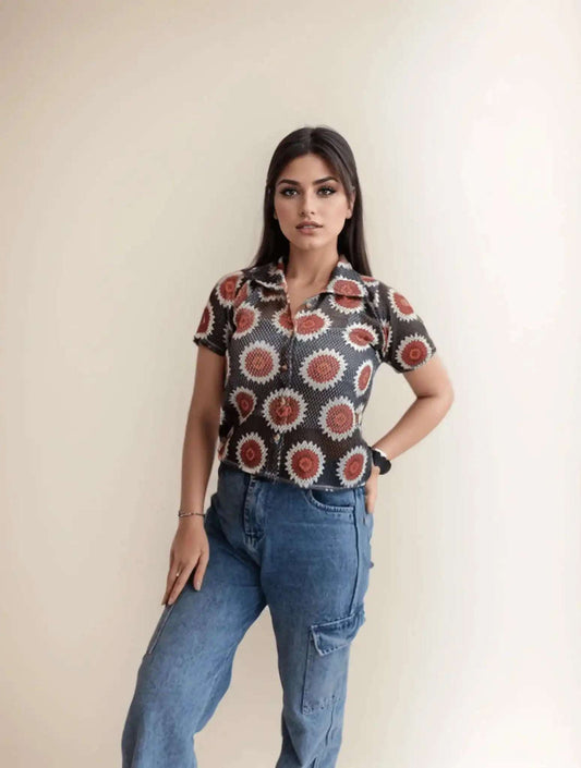 Grey&Red Crochet Shirt - VIBE
