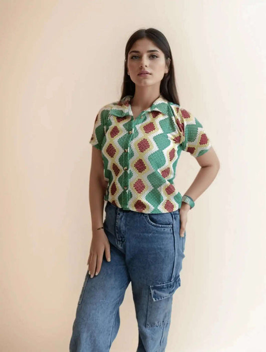Green& Brown Crochet Shirt - VIBE