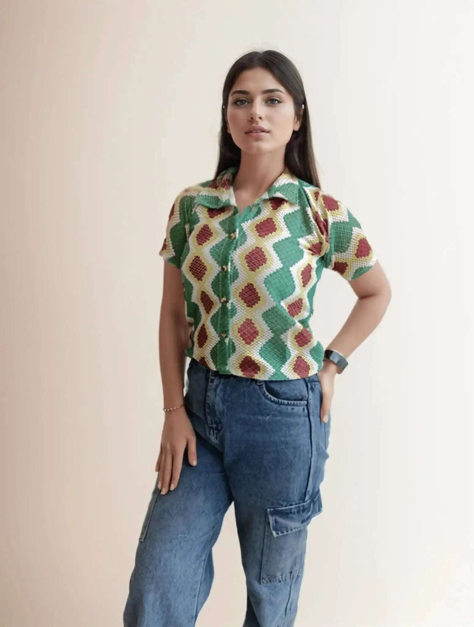 Green& Brown Crochet Shirt - VIBE