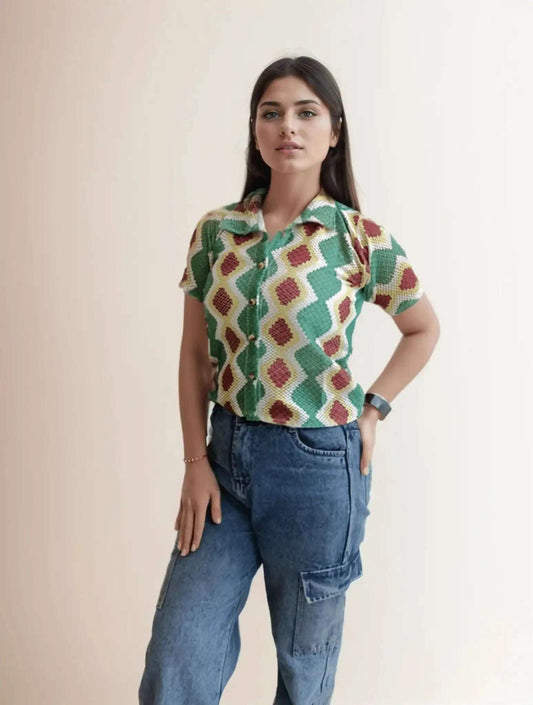 Green& Brown Crochet Shirt - VIBE