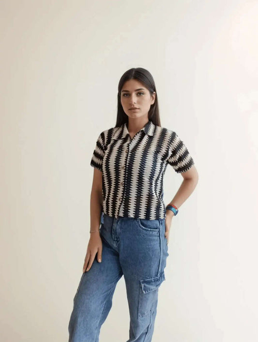 Black&White Stripes Crochet Shirt - VIBE