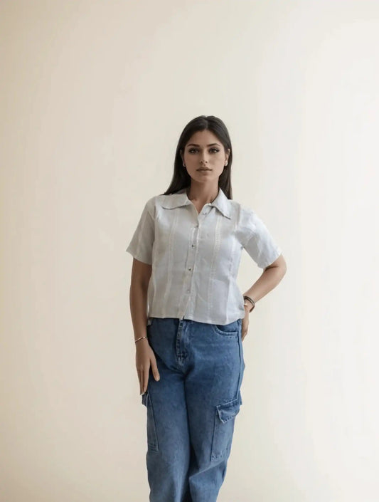 Grey Crochet Shirt With White Strips - VIBE