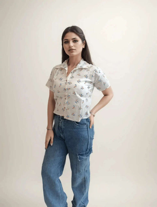 White Printed Cotton Shirt - VIBE