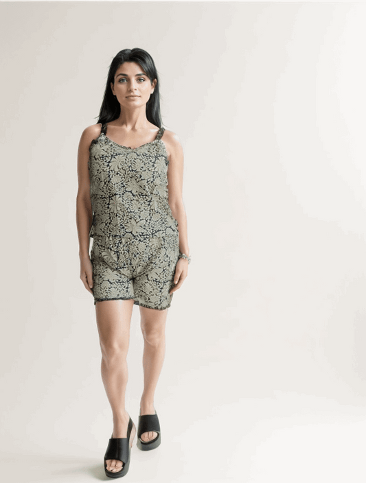 Beige &Blue Printed Short Cordset - VIBE