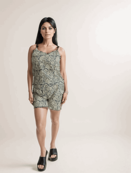 Beige &Blue Printed Short Cordset - VIBE