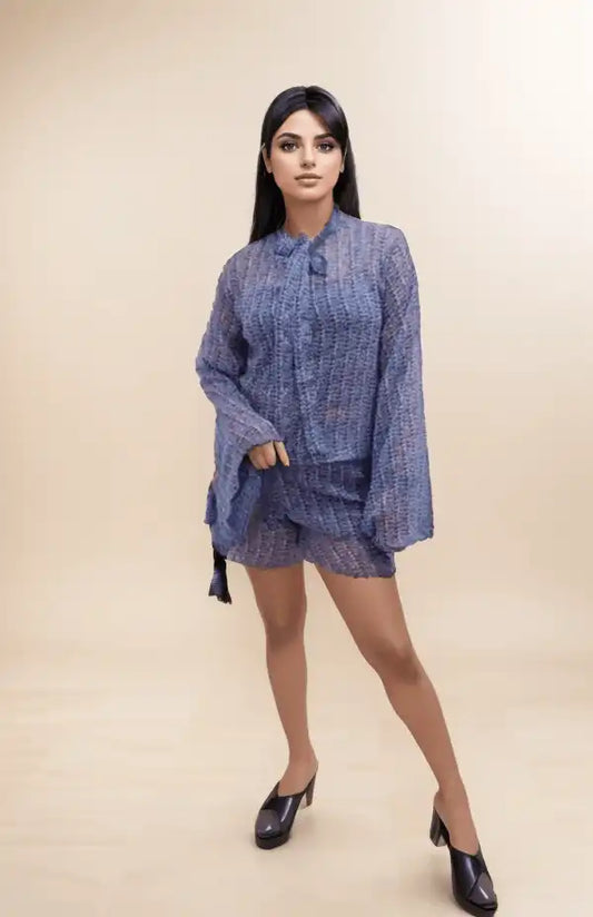 Blue Printed Short Cordset With Blue Inner - VIBE