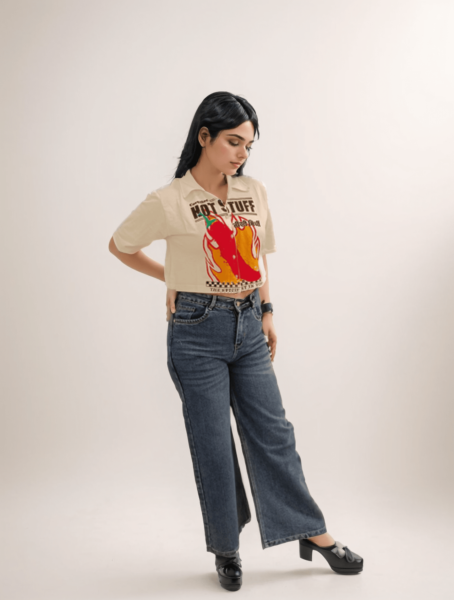 Beige Printed Crop Tshirt