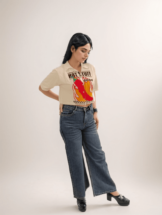 Beige Printed Crop Tshirt