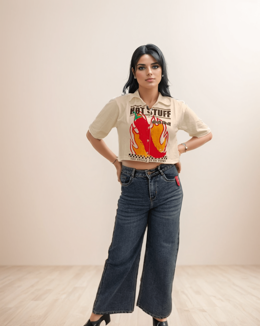 Beige Printed Crop Tshirt
